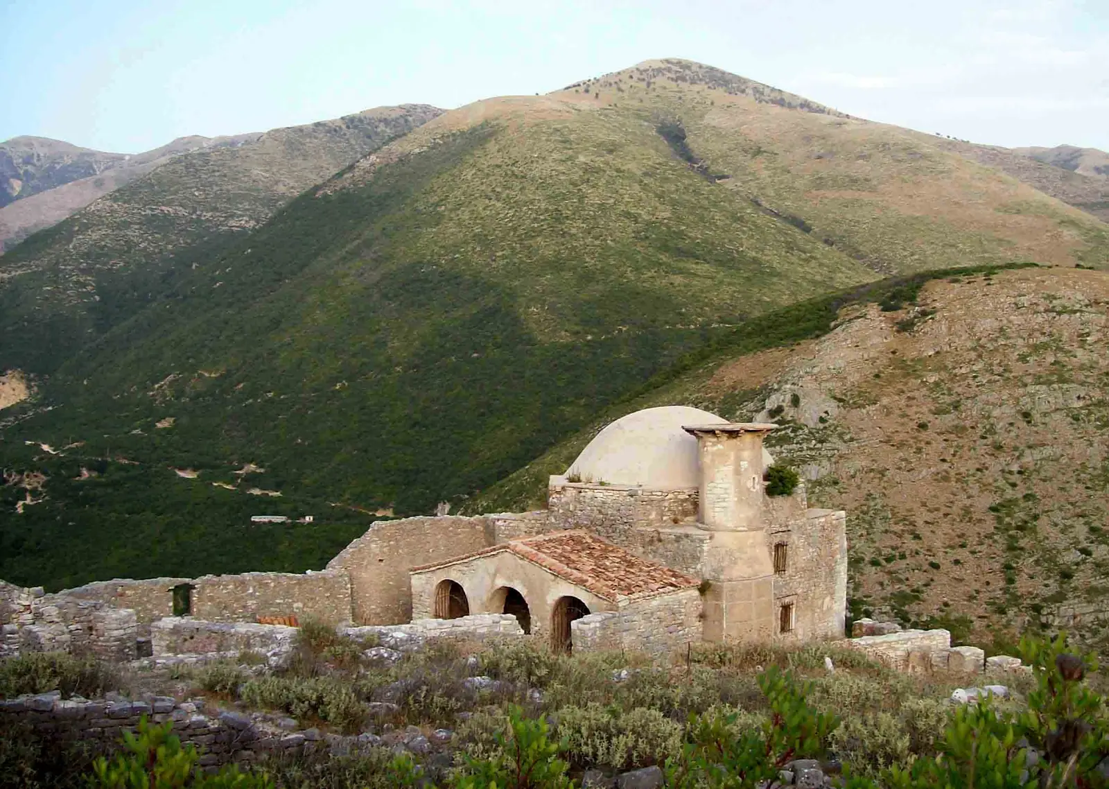 Scenic view of Borsh village on the Albanian Riviera where the waterfall flows through the center