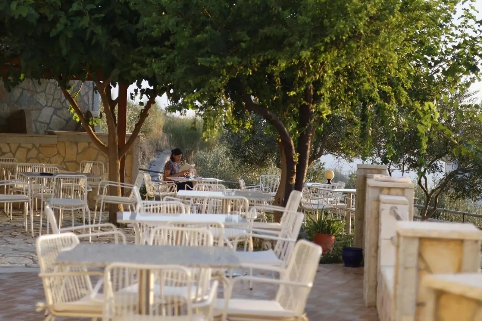 White tables and chairs in the shade of olive trees on the terrace, the bay beyond the wall