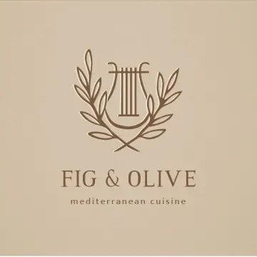 The Fig & Olive logo card: a lyre inside a wreath of two crossed leafy branches, drawn in brown line on a sand ground above the words FIG & OLIVE and mediterranean cuisine