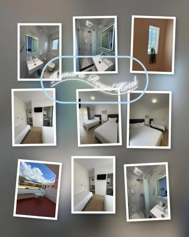 The hotel's own composed sheet of nine photographs — rooms, bathrooms, a terrace and a rendered wall — arranged around its script signature