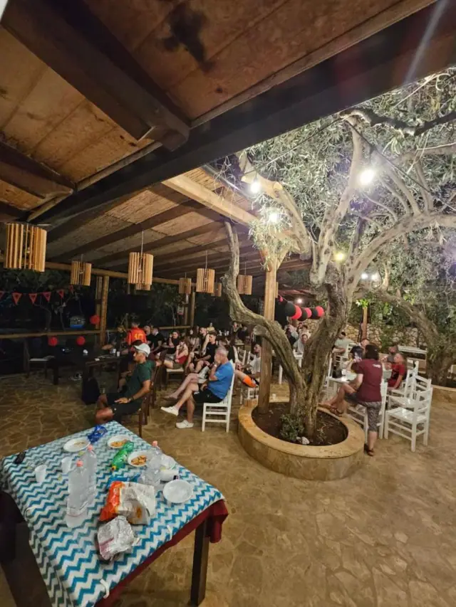 A covered terrace of white chairs and tables built around a living olive tree, strung with lights