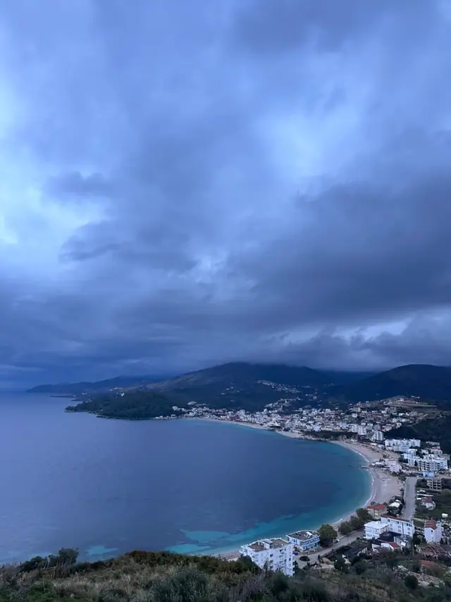 Aerial view of Spile Bay and Himara town