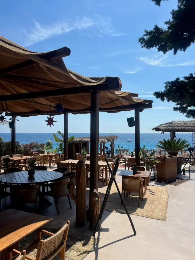 Moyo Drymades beach club terrace with woven canopies, rattan chairs and cactus decor overlooking the turquoise Ionian Sea at Drymades