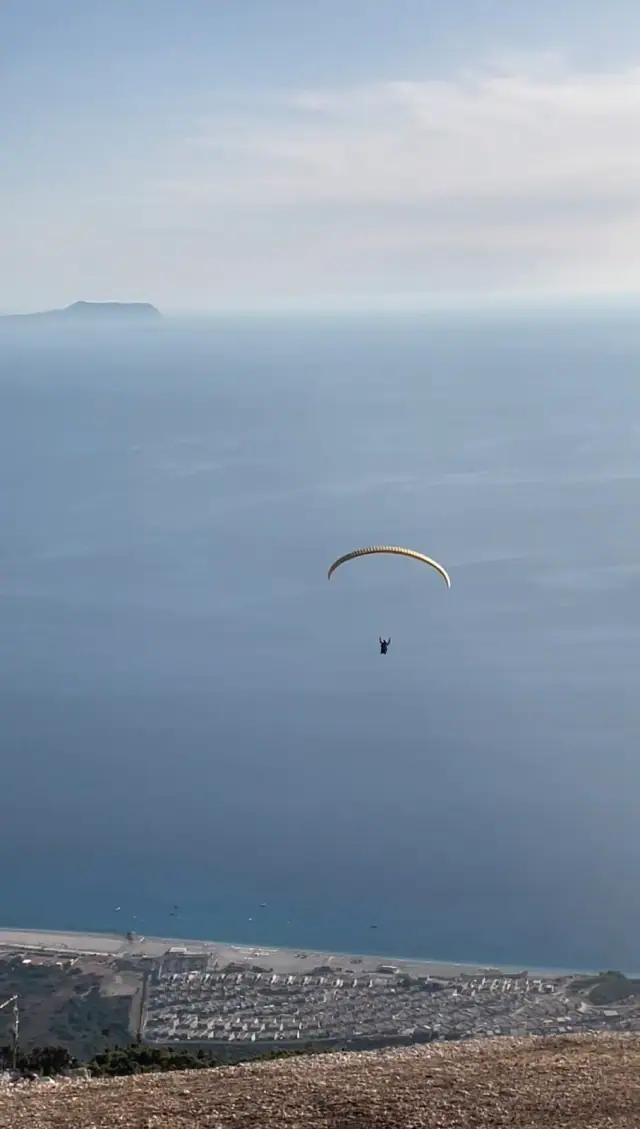 Paraglider hanging over the blue Ionian and the long beach at Palasë, seen from the Panorama Llogora viewing terrace on the Llogara pass