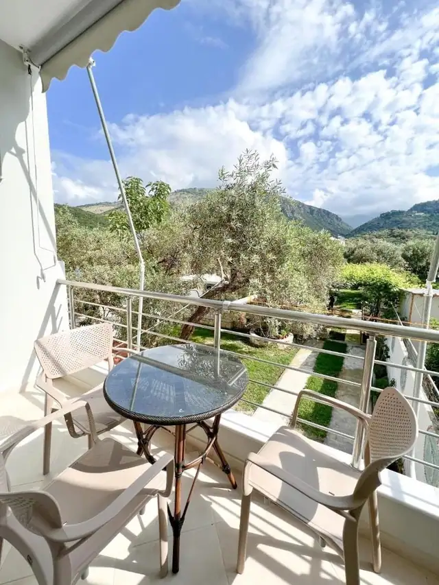A balcony overlooking the lawn and olive trees at the back of the property