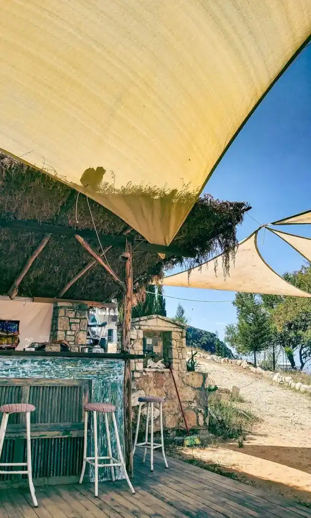The hostel's garden bar built from weathered timber under a reed roof and cream shade sails