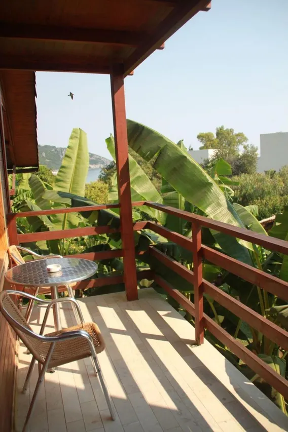 A small round table and chairs on a timber balcony, banana leaves around it and the sea beyond the trees