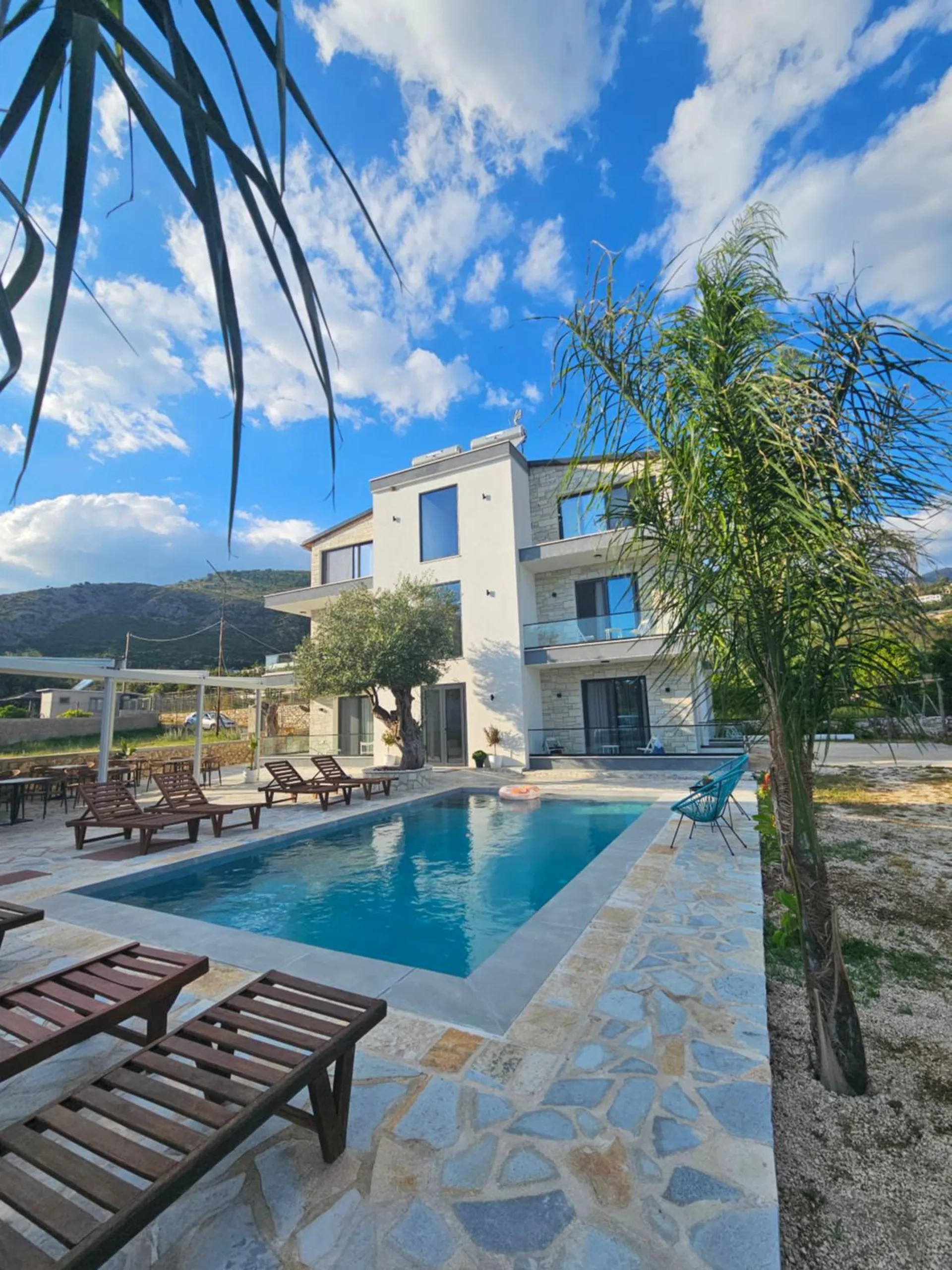 The house seen past a palm, with loungers set along the crazy-paved pool deck
