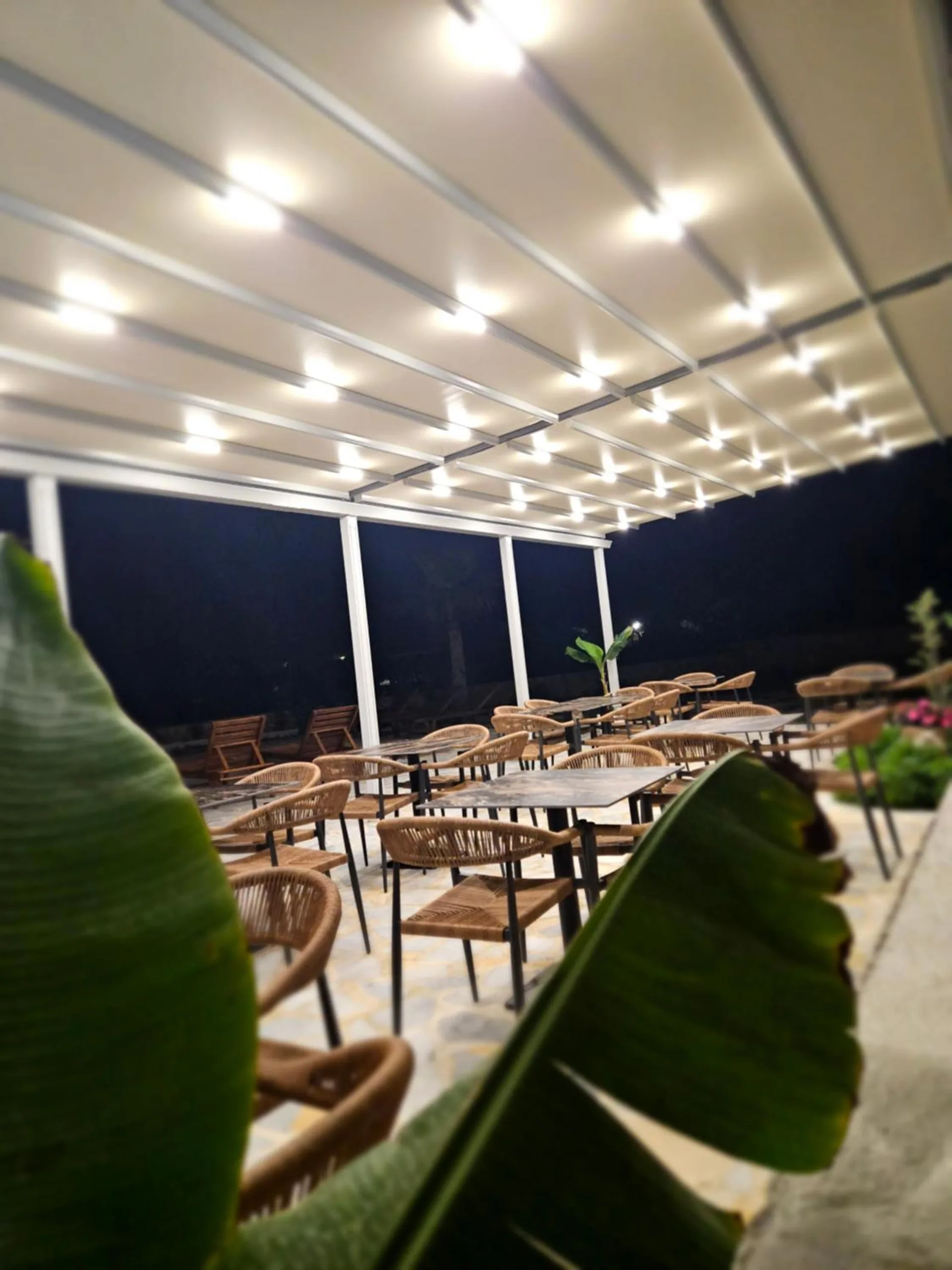 The white pergola at night, its lights on over tables and rattan chairs, a banana leaf in the foreground